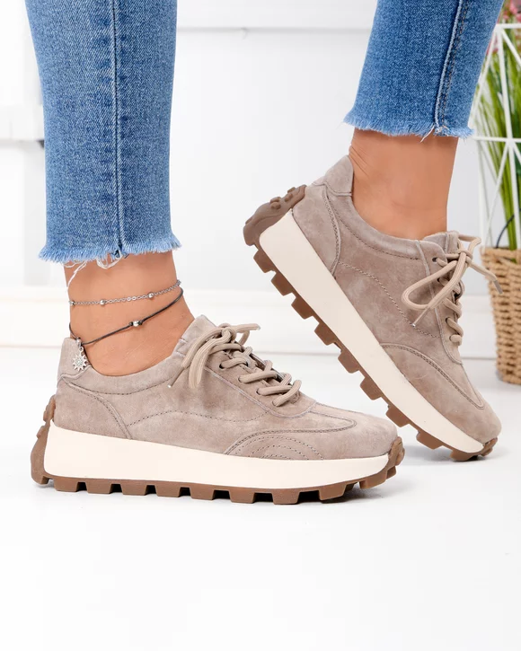 Pantofi casual dama piele naturala intoarsa kaki cu talpa bej F002-661