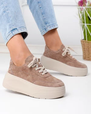 Pantofi Casual - Pantofi casual dama piele naturala intoarsa kaki cu talpa groasa si inchidere sireturi F005-033