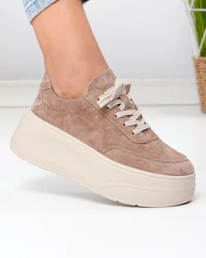 Pantofi casual dama piele naturala intoarsa kaki cu talpa groasa si inchidere sireturi F005-033