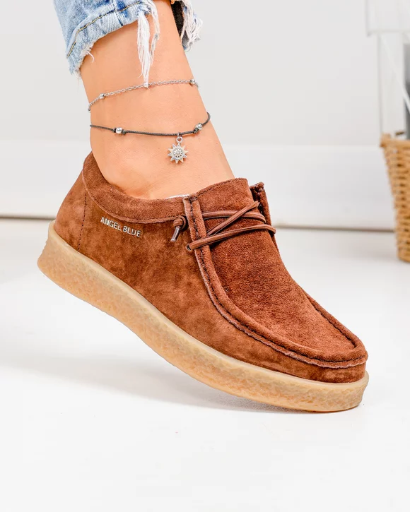 Pantofi Casual - Pantofi casual dama piele naturala intoarsa maro cu inchidere siret elastic F002-516