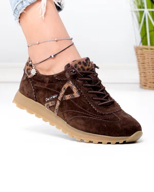 Pantofi Casual - Pantofi casual dama piele naturala intoarsa maro cu print leopard F002-654