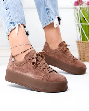 Pantofi casual dama piele naturala intoarsa maro cu talpa groasa F005-030