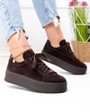 Pantofi casual dama piele naturala intoarsa maro inchis cu inchidere sireturi F005-030 2
