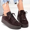 Pantofi casual dama piele naturala intoarsa maro inchis cu inchidere sireturi F005-030 1