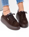 Pantofi casual dama piele naturala intoarsa maro inchis cu talpa groasa si varf rotund F002-444 1