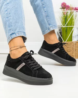 Pantofi casual dama piele naturala intoarsa negri captusiti cu insertie argintie F001-729