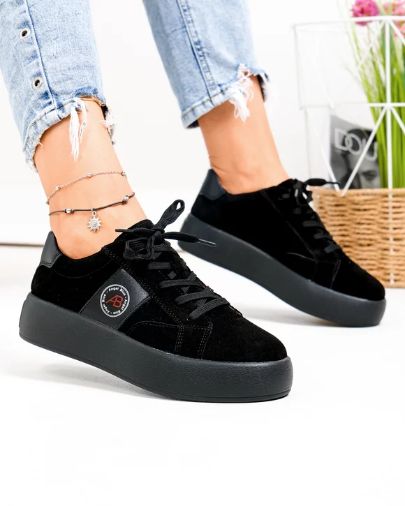 Pantofi casual dama piele naturala intoarsa negri captusiti F001-879