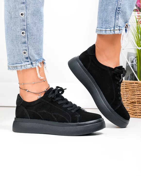 Pantofi Casual - Pantofi casual dama piele naturala intoarsa negri captusiti F002-408