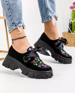 Pantofi Casual Dama Piele Naturala Intoarsa Negri cu Buline POL127