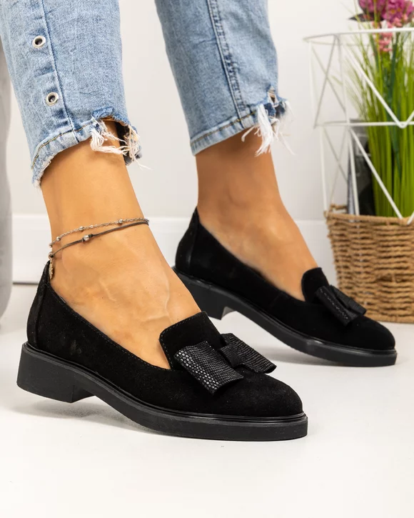 Pantofi casual dama piele naturala intoarsa negri cu fundita aplicata PC810
