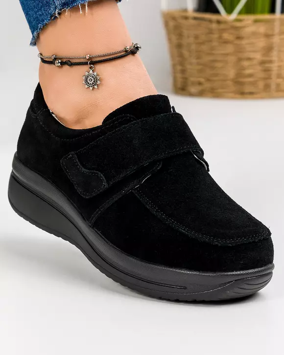 Pantofi casual dama piele naturala intoarsa negri cu inchidere scai F002-56