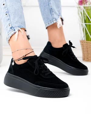 Pantofi Casual - Pantofi casual dama piele naturala intoarsa negri cu inchidere sireturi F001-924