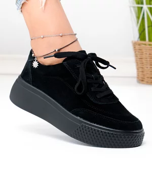Pantofi casual dama piele naturala intoarsa negri cu inchidere sireturi F001-924