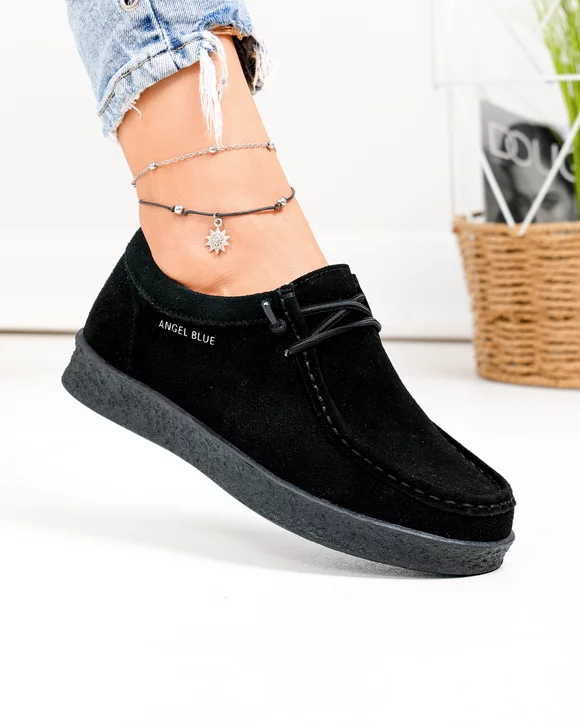 Pantofi casual dama piele naturala intoarsa negri cu inchidere sireturi F002-516