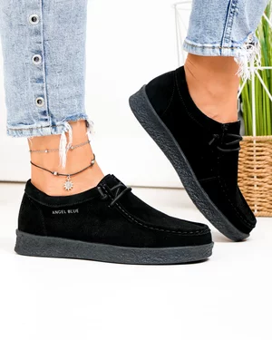 Incaltaminte Dama - Pantofi casual dama piele naturala intoarsa negri cu inchidere sireturi F002-516