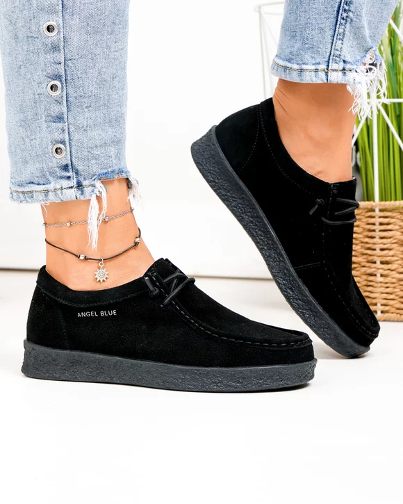 Pantofi Casual - Pantofi casual dama piele naturala intoarsa negri cu inchidere sireturi F002-516