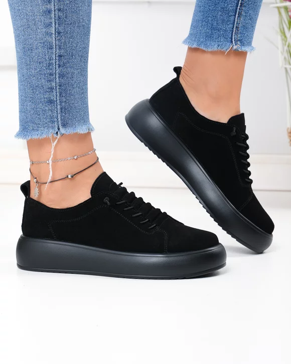 Pantofi casual dama piele naturala intoarsa negri cu inchidere sireturi F002-530