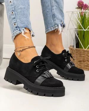 Pantofi casual dama piele naturala intoarsa negri cu inchidere sireturi PC820V