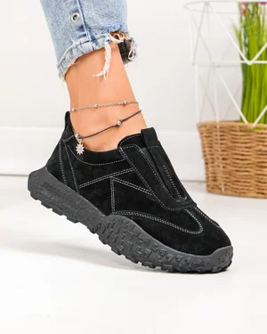 Pantofi casual dama piele naturala intoarsa negri cu inchidere slip-on si varf rotund JY6592-1