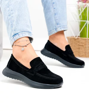 Incaltaminte Dama - Pantofi casual dama piele naturala intoarsa negri cu inchidere slip-on T-2810