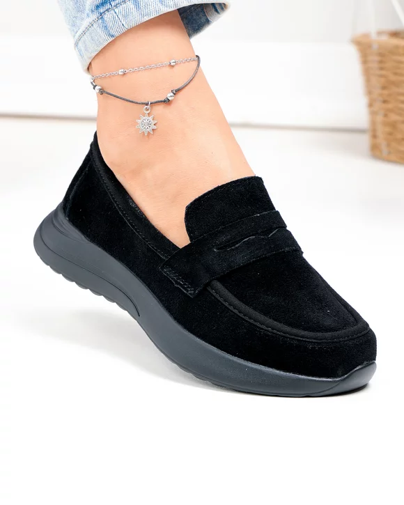 Pantofi casual dama piele naturala intoarsa negri cu inchidere slip-on T-2810