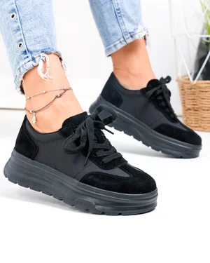 Incaltaminte Dama - Pantofi casual dama piele naturala intoarsa negri cu material sintetic G10-A03-1