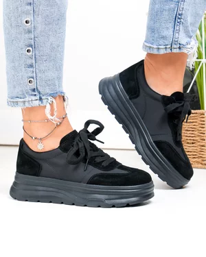 Pantofi casual dama piele naturala intoarsa negri cu material sintetic G10-A03-1