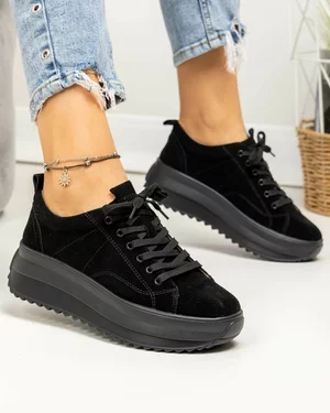 Pantofi casual dama piele naturala intoarsa negri cu talpa groasa F001-750