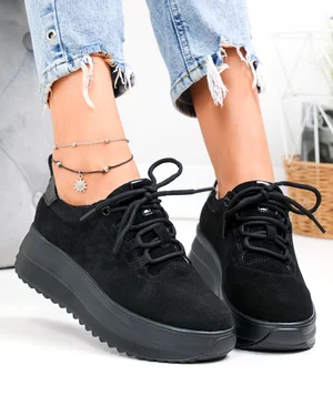 Pantofi casual dama piele naturala intoarsa negri cu talpa groasa F002-290