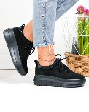 Pantofi casual dama piele naturala intoarsa negri cu talpa groasa F002-290