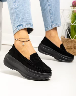 Pantofi casual dama piele naturala intoarsa negri cu talpa groasa F002-295