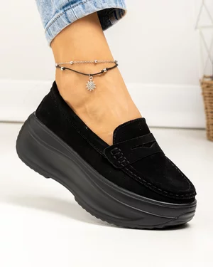 Pantofi casual dama piele naturala intoarsa negri cu talpa groasa F002-295