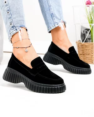 Pantofi casual dama piele naturala intoarsa negri cu talpa groasa si inchidere slip-on T6085