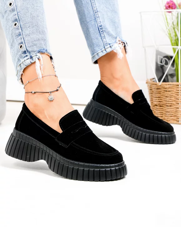 Pantofi casual dama piele naturala intoarsa negri cu talpa groasa si inchidere slip-on T6085