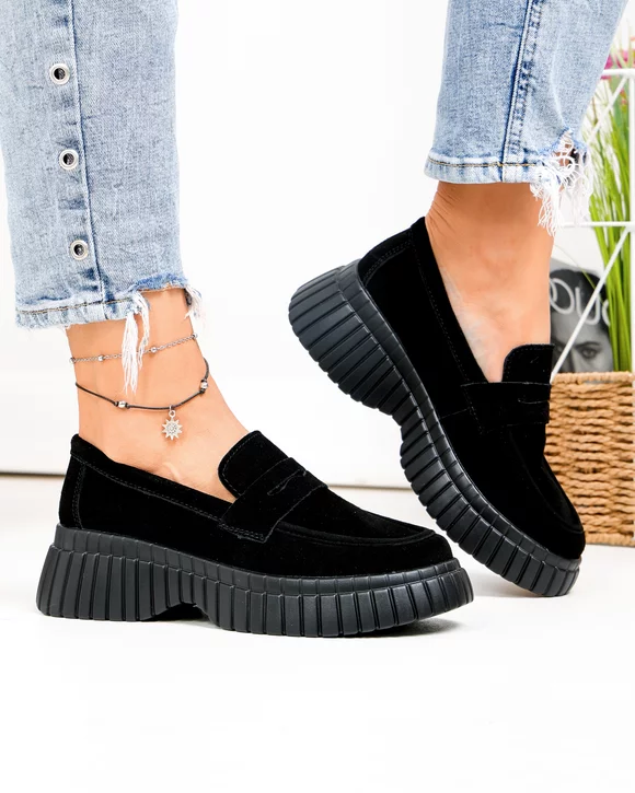 Pantofi Casual - Pantofi casual dama piele naturala intoarsa negri cu talpa groasa si inchidere slip-on T6085