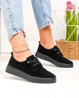 Pantofi casual dama piele naturala intoarsa negri cu talpa usor flexibila T-9000