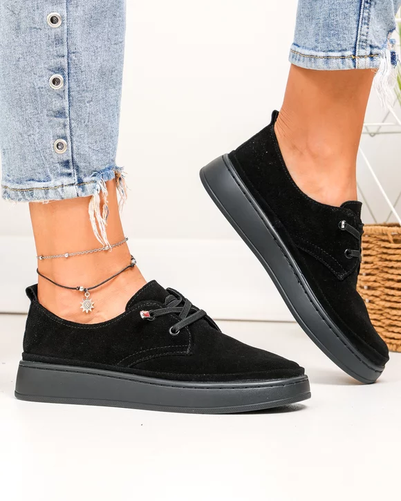 Pantofi casual dama piele naturala intoarsa negri cu talpa usor flexibila T-9000