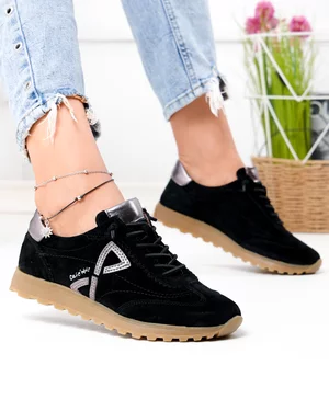 Pantofi Casual - Pantofi casual dama piele naturala intoarsa negri cu varf rotund F002-654