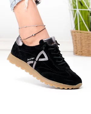 Pantofi casual dama piele naturala intoarsa negri cu varf rotund F002-654