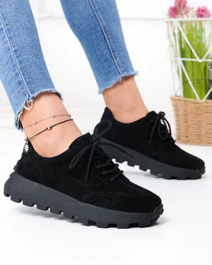Pantofi Casual - Pantofi casual dama piele naturala intoarsa negri cu varf rotund F002-661