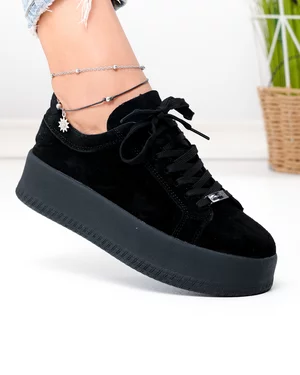 Pantofi casual dama piele naturala intoarsa negri cu varf rotund F005-030