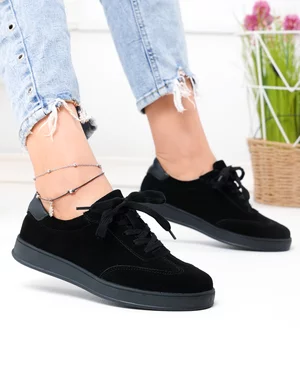 Pantofi casual dama piele naturala intoarsa negri cu varf rotund T-2646