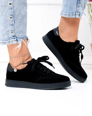 Pantofi Casual - Pantofi casual dama piele naturala intoarsa negri cu varf rotund T-2646