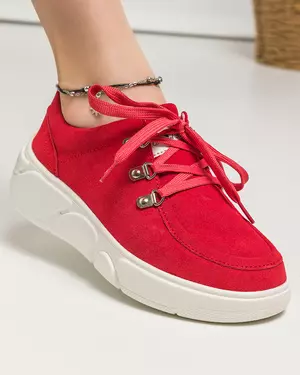 Pantofi casual dama piele naturala intoarsa rosii inchidere cu siret AW2023-18