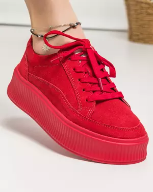 Pantofi casual dama piele naturala intoarsa rosii inchidere siret AW2023-30
