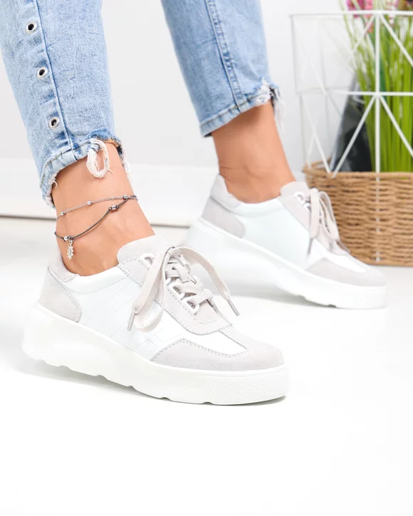 Pantofi casual dama piele naturala intoarsa si lacuita albi F002-538