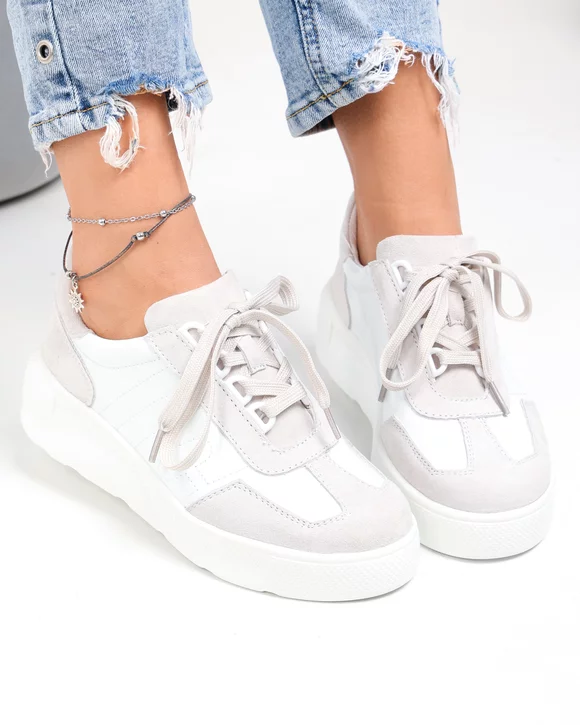 Pantofi casual dama piele naturala intoarsa si lacuita albi F002-538