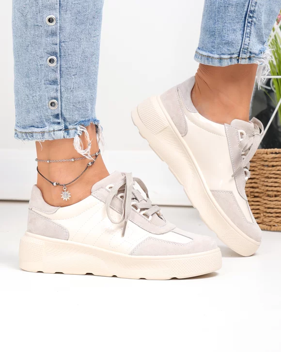 Pantofi Casual - Pantofi casual dama piele naturala intoarsa si lacuita bej F002-538