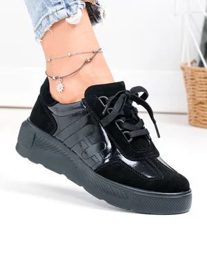 Pantofi casual dama piele naturala intoarsa si lacuita negri F002-538