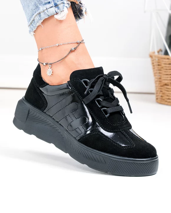 Pantofi casual dama piele naturala intoarsa si lacuita negri F002-538